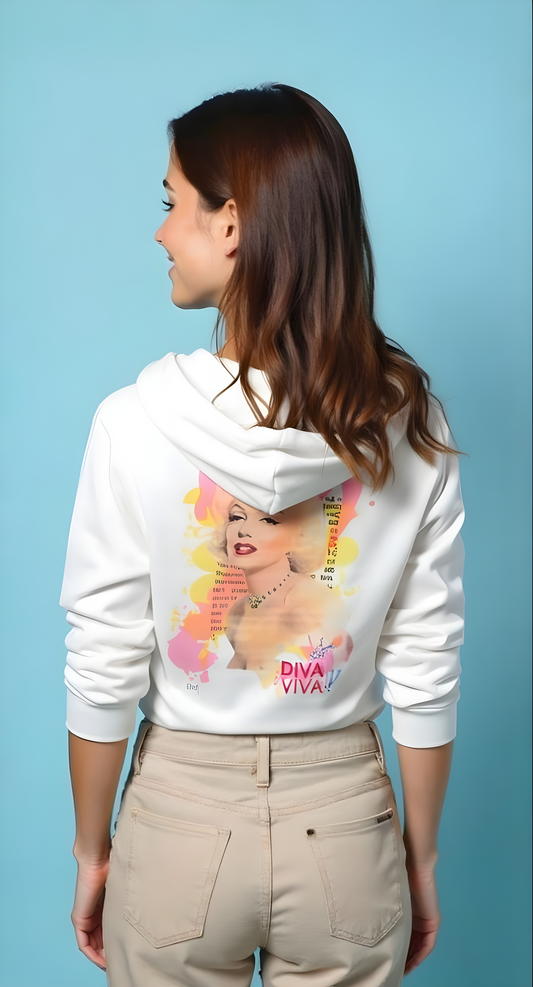 Model wearing Diva Viva hoodie back view showing graphic design