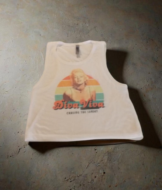 White tank top with graphic design on a textured gray surface