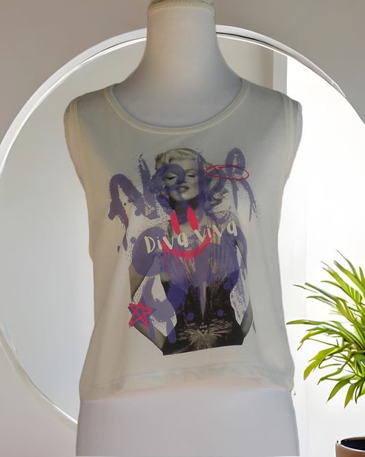 Close up of Never Stop colorful graphic design on white tank top
